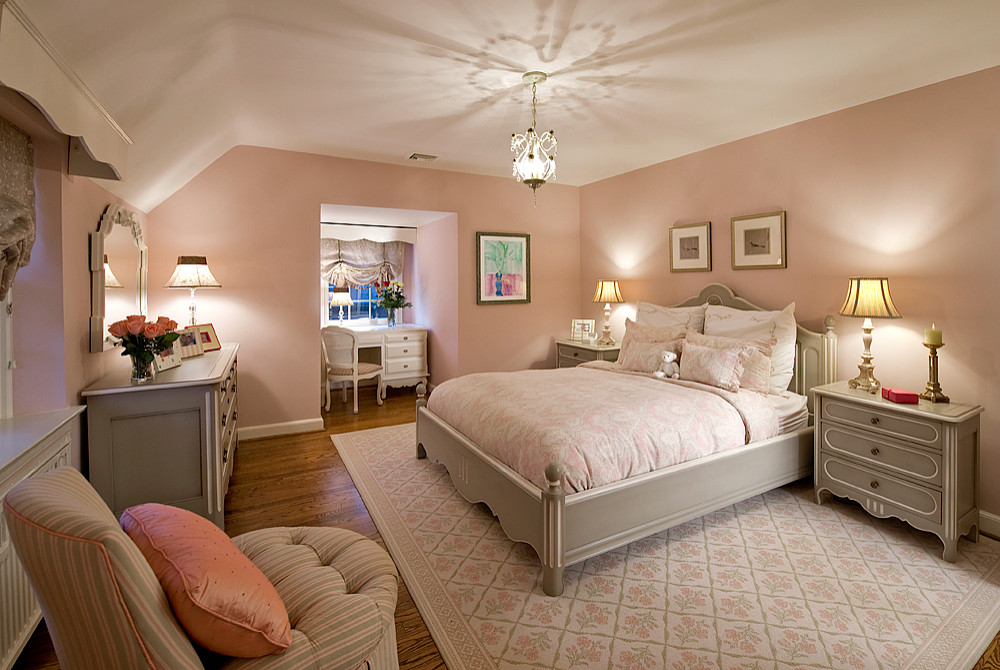 Soft blush pink bedroom with warm white trims by an interior painter in Simpsonville, SC
